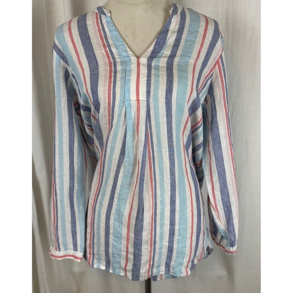 L.L. Bean Linen Striped V Neck Tunic Top Women's Size Large - Picture 1 of 9
